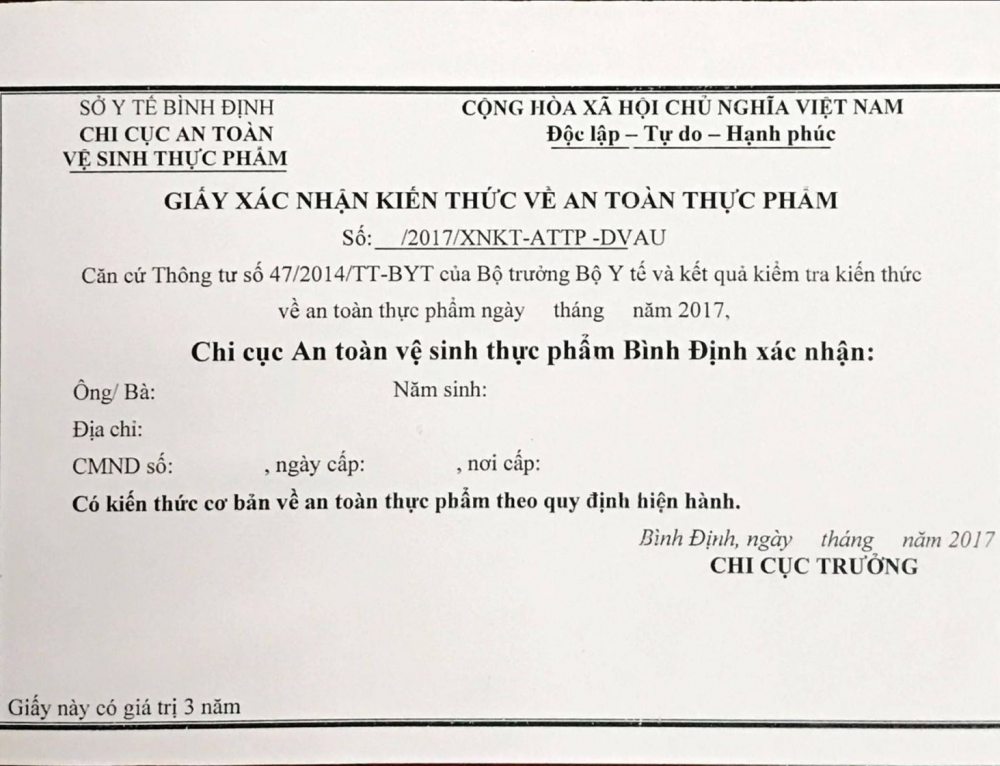 Cấp giấy xác nhận kiến thực về an toàn thực phẩm đối với tổ chức – cá nhân